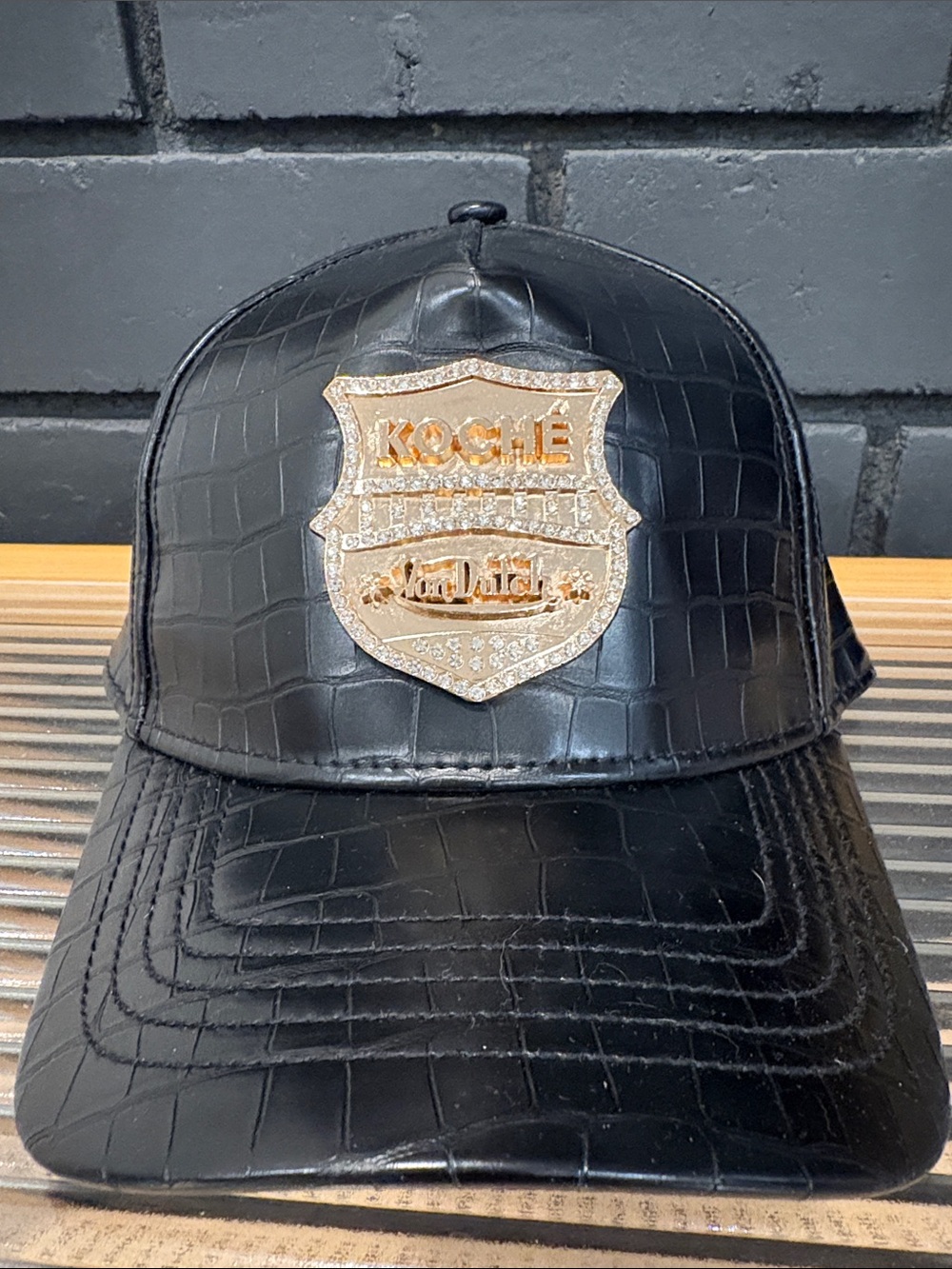 Von Dutch Black Croc-Embossed Leather Hat with Gold Emblem
